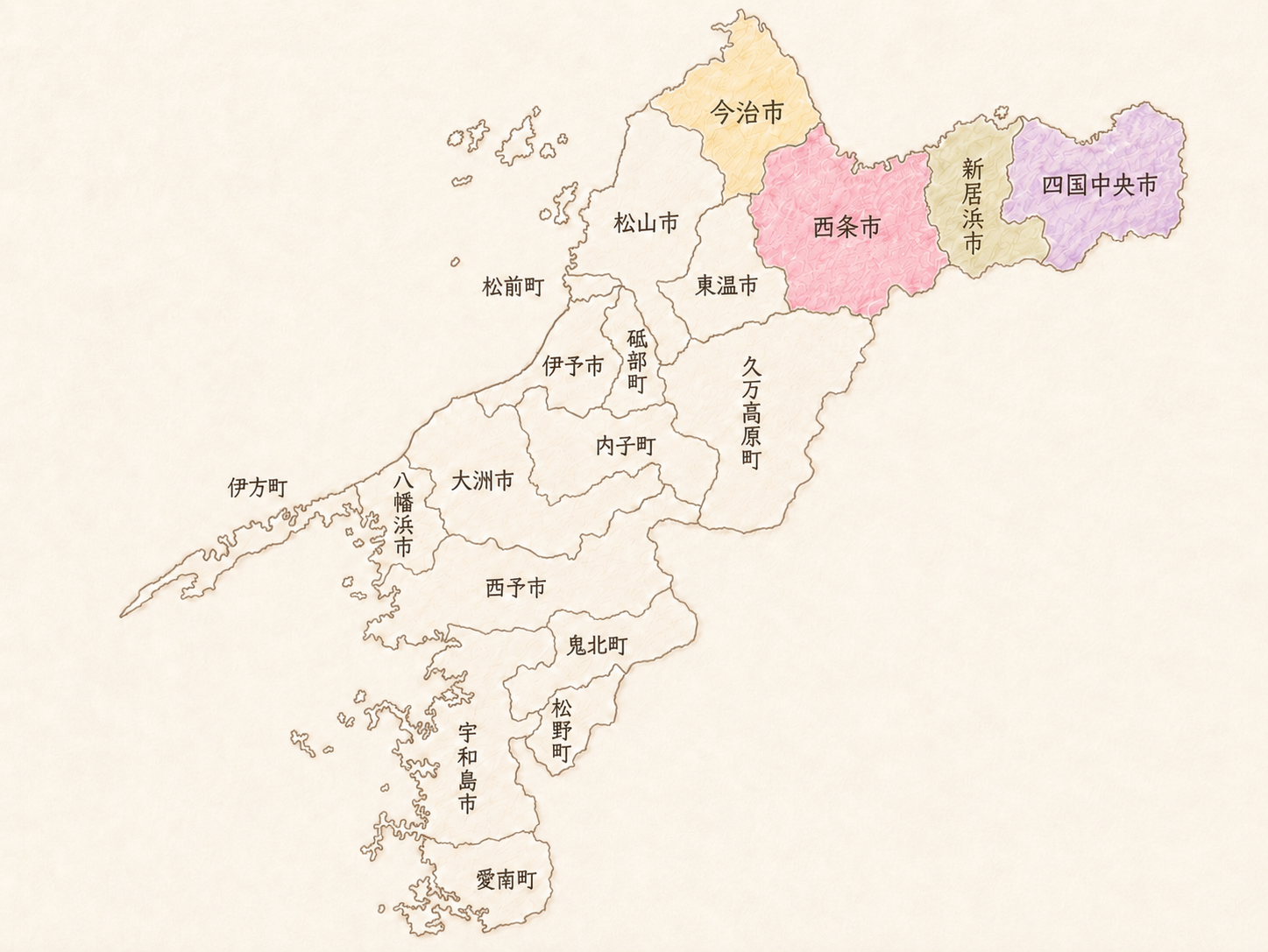 LOVE西条の訪問エリアイラストマップ　西条市を中心に新居浜市・四国中央市・今治市など東予地域