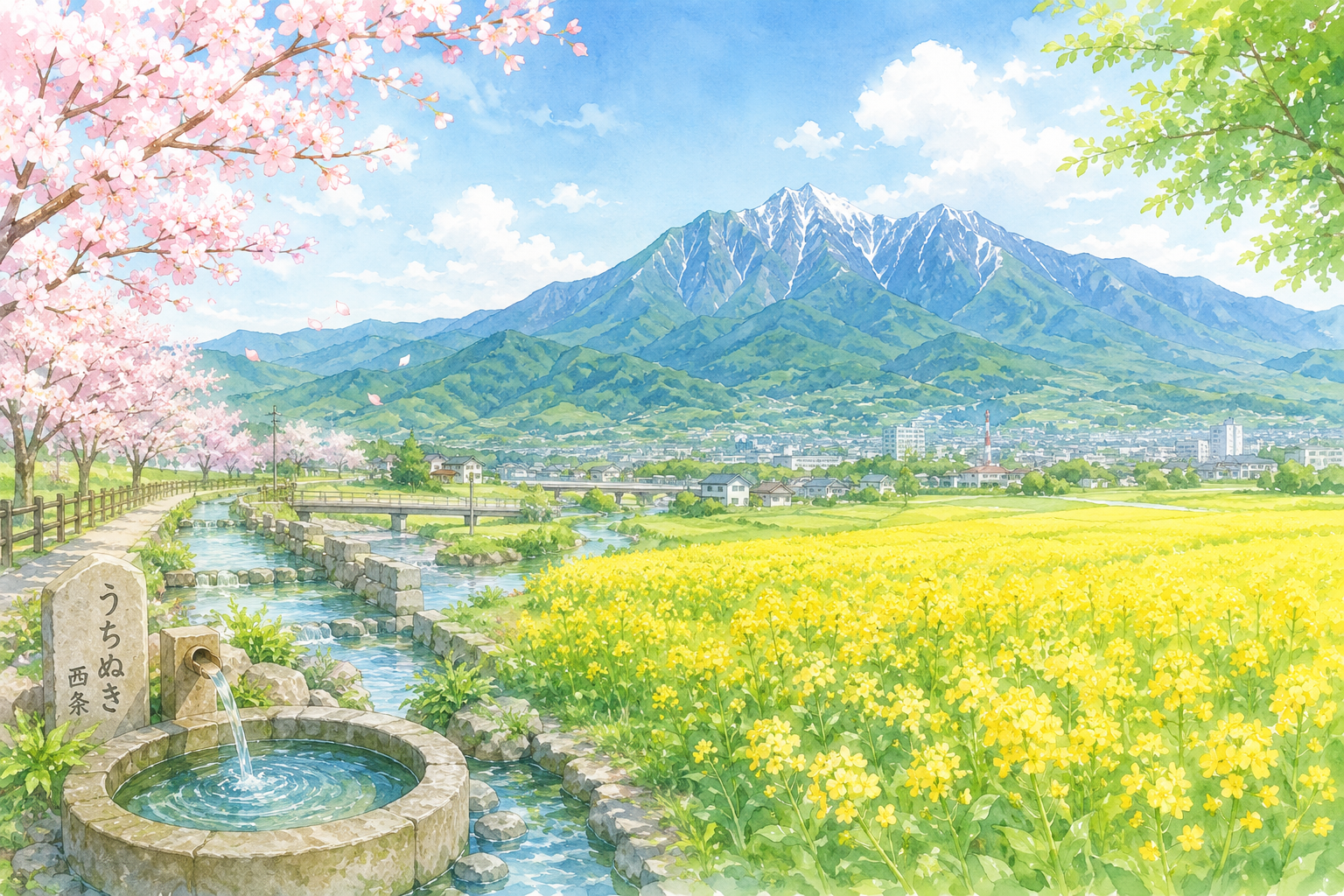 西条市の風景　うちぬきの水と石鎚山、菜の花畑
